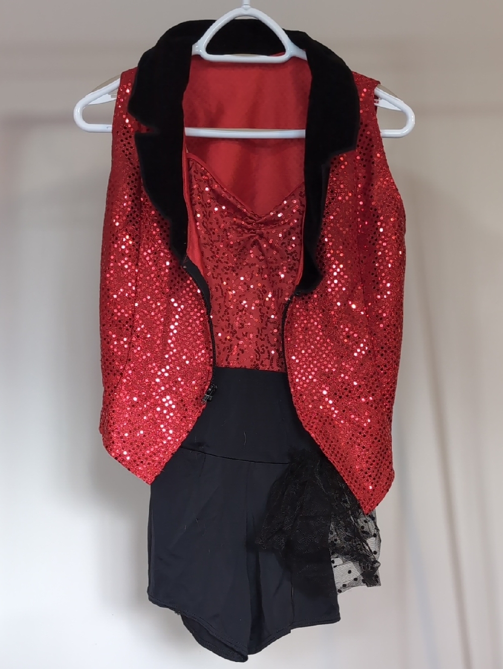 Red Sequin Vest & Bustier Set with Black Shorts